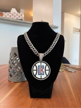 LA Clippers NBA Logo Cuban Link Pendant Necklace - White, Red, Blue